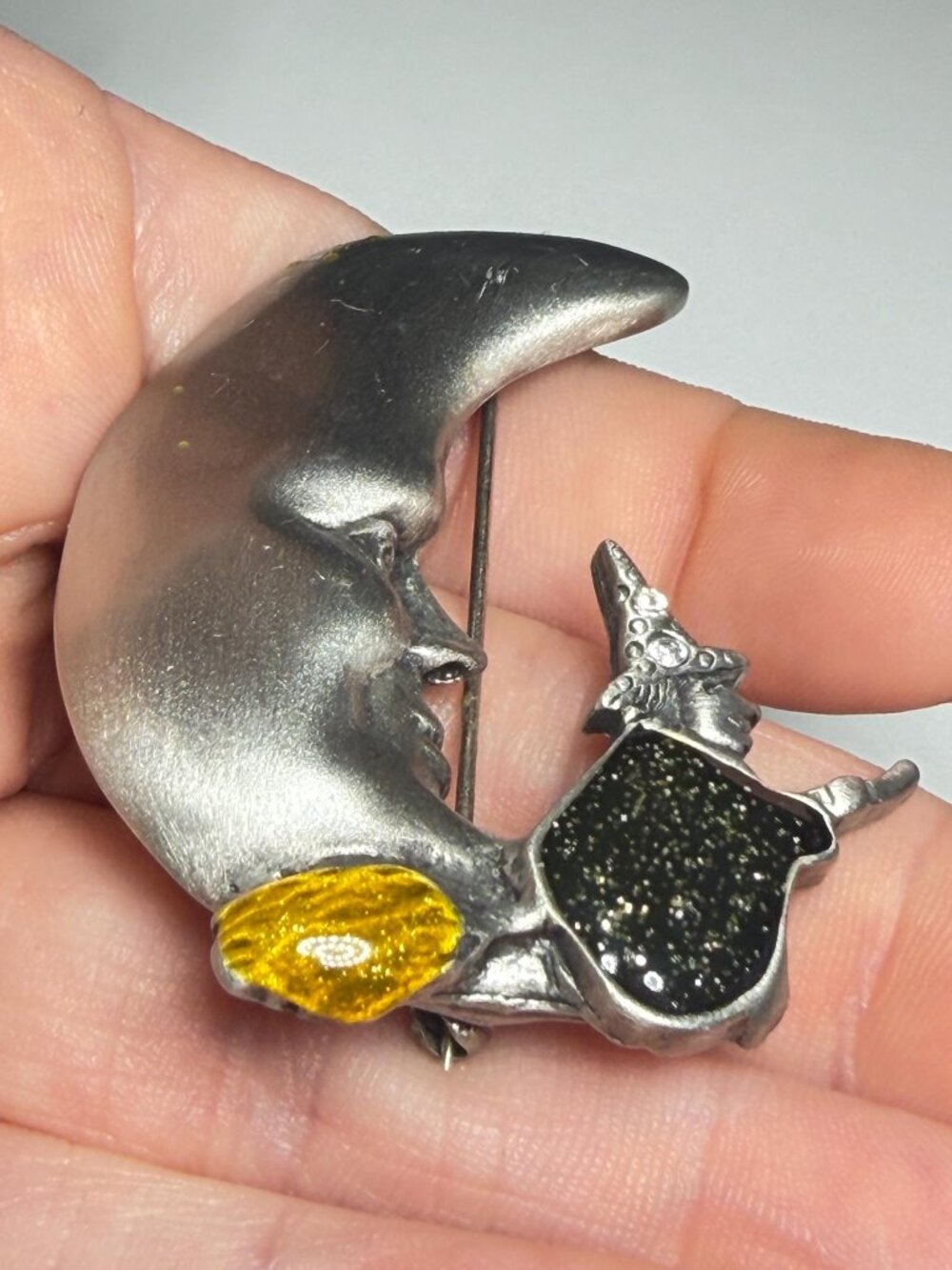 Witch on Crescent Moon Brooch Signed AS Vintage - Picture 3 of 8